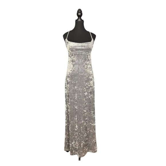 Vintage Dresses & Skirts - Vintage Y2K Le Chateau Silver Crushed Velvet Maxi Dress Strappy Open Back 90s